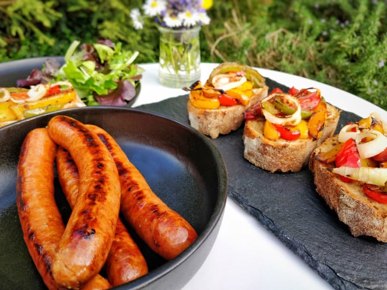 Saucisses Chorizo et tartine aux poivrons